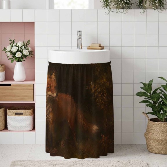 Brown Fox Under Sink Curtain for Closet, Privacy Short Cabinet Curtains, Vintage Wildlife Rustic Country Self Adhesive RV/Open Cabinet Skirt Adds Bathroom Storage 11"x13"
