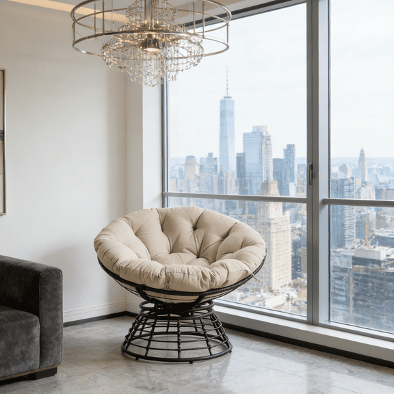 Brown Frame Grey Cushion 360° Swivel Wicker Papasan Chair with Thick Cushion for Indoor Outdoor Living Room Bedroom