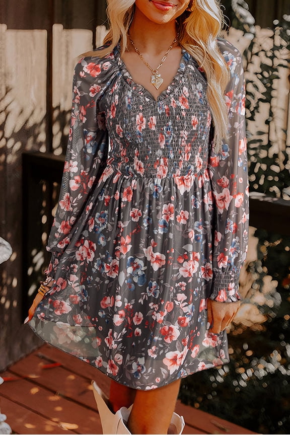 Brown Frilly Smocked Bodice Floral Mesh Long Sleeve Mini Dress