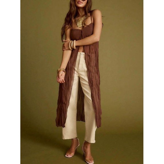 Brown Front Split Long Cover-Up Dress With Spaghetti Straps And V-Neck Flowy Cami Top
