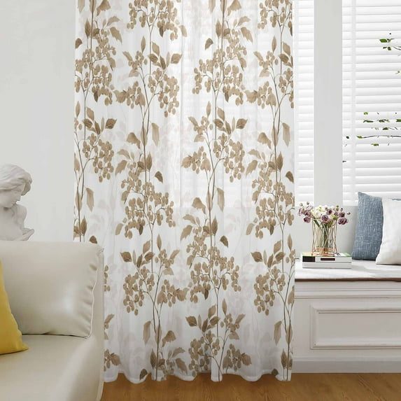 Brown Fruit Semi Sheer Curtains Drapes for Living Room, Bedroom, French Doors Window 45 Inches Long, Vintage Plant Nature Botanical Flower Rod Pocket Chiffon Curtain Drapery Voile Draperies Panel