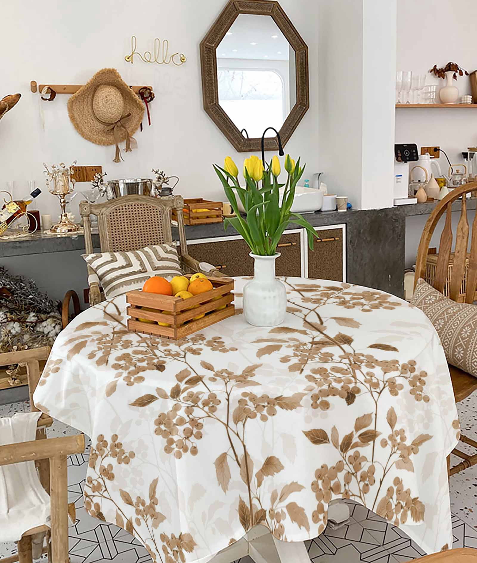 Brown Fruit Tablecloth Square Table Cloth 54x54, Waterproof Tablecloth Outdoor Table Cloth, Vintage Plant Nature Botanical Flower Washable Table Cover for Kitchen Dining Party