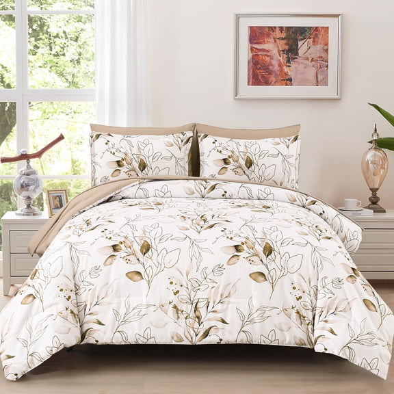 Brown Full 78"x90" 7-Piece Botanical Microfiber Bed-in-a-Bag Comforter Set