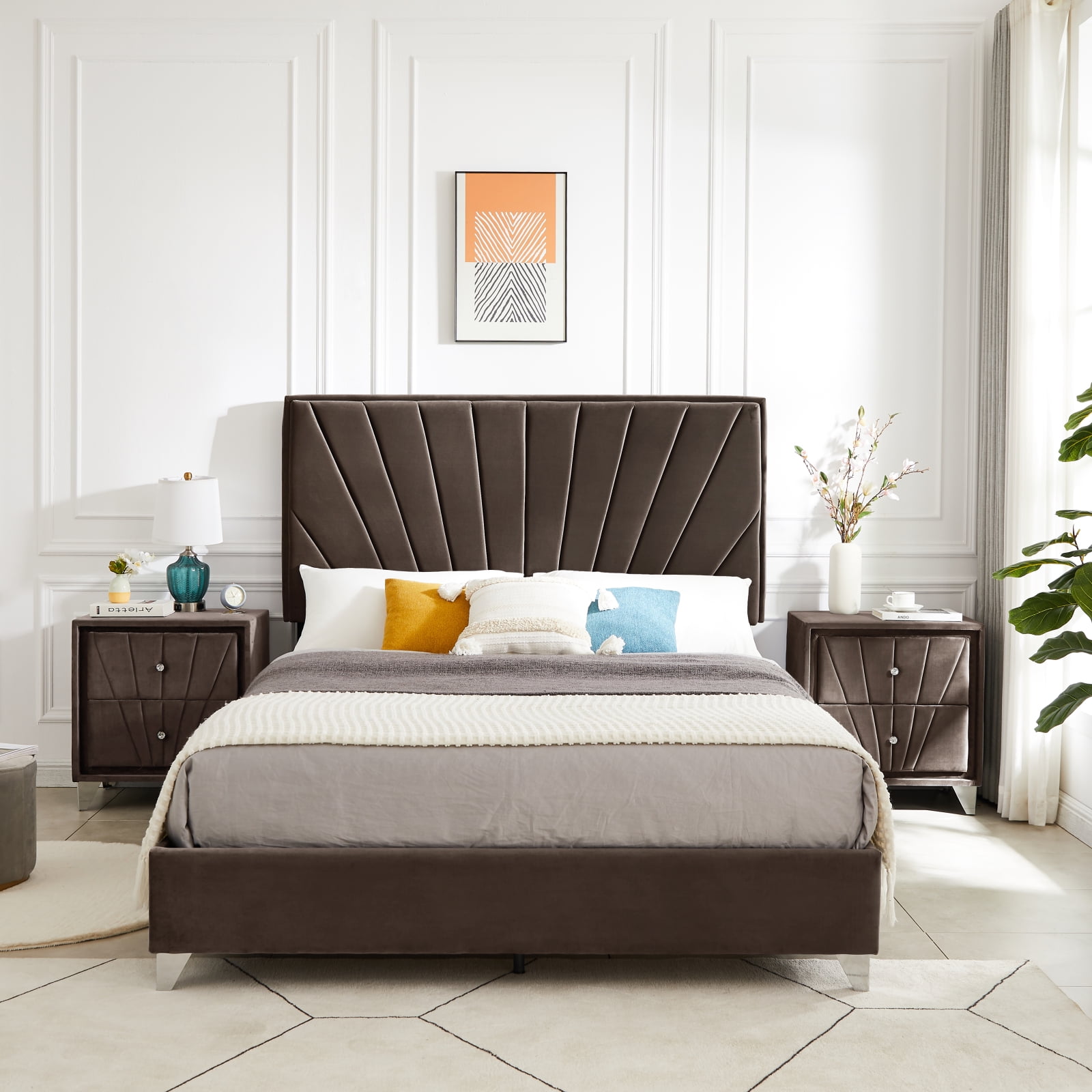 Brown Full Bed Combo with Two Nightstands Featuring an Elegant Line