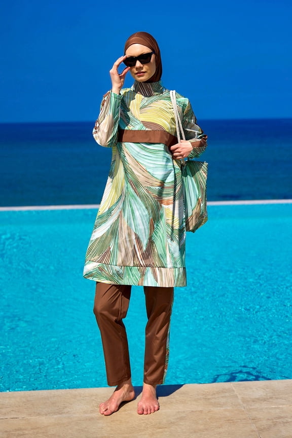 Brown Full Coverage Modest Swimwear Set For Women R2512