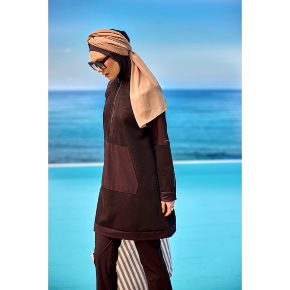 Brown Full Coverage Tulle Detail Modest Swimwear Burkini Set M2534-4
