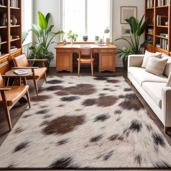 Brown Fur Texture Washable Area Rug 9 x 12 ft Country Farm Animal Classic White Brown Black Spots, Soft Non Slip Rugs Stain Repellent Indoor Felt Carpet for Living Dining Room Bedroom Home Office
