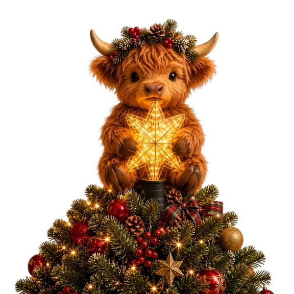 Brown Furry Highland Cow Christmas Tree Decor 1 Piece, Glowing Star Holding Cow Decorations for Home Farmhouse Decor Display, Pinecone Wreath Christmas Decorations for Home