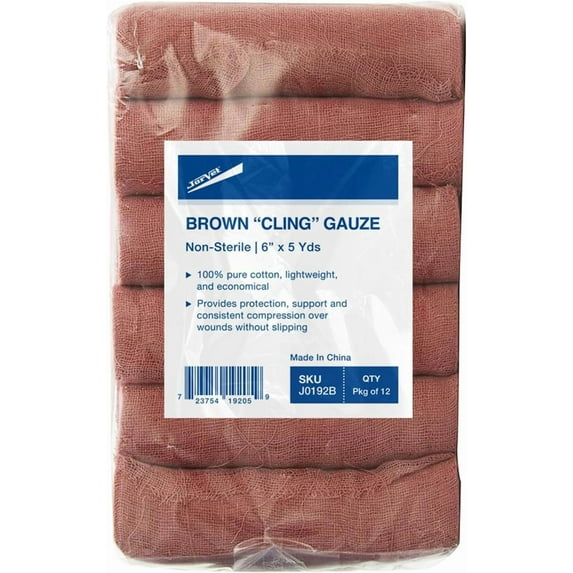 JorVet Brown Cling Gauze | 100 Percent Cotton | Soft & Breathable for Wound Care, Pet Dressings & Medical Use | 6” x 5 Yards | 12 Rolls | Brown