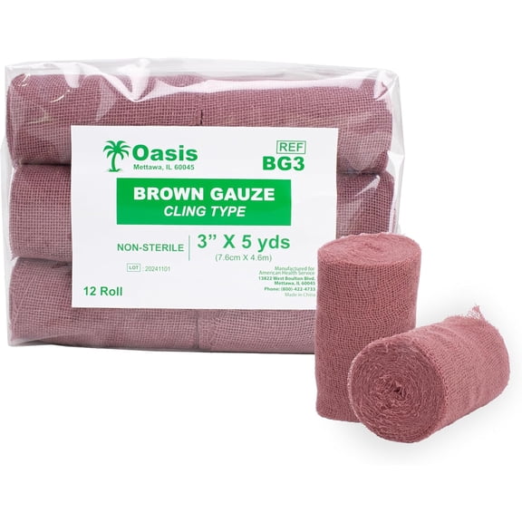 Brown Gauze Rolls Pack of 12, Bandage Roll, 100% Cotton, 3 x 5 Yards, Cling Gauze Wrap for Effective Wound Care & Comfort