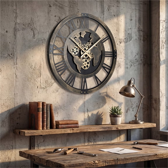 Brown Gear Wall Clock with World Map 27 Inch Large Non-Ticking Quartz Movement Decorative Home Clock Metal Frame ABS Bedroom Study Library Silent Battery Operated Wall Decor for Study Room Office Use