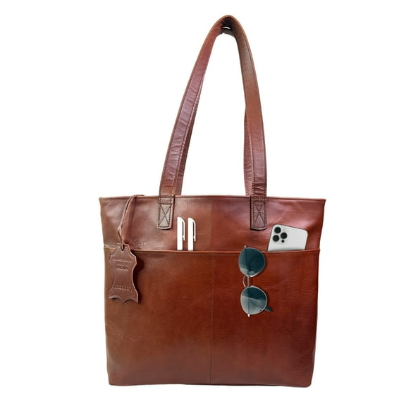 Brown Genuine Leather Tote Bag for Women - 15 inch Laptop Work Bag Shoulder Handbag & Purse with Multiple Pockets