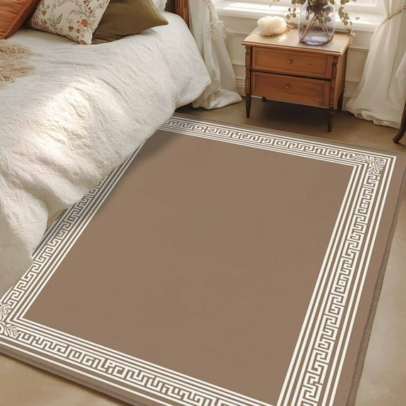 Brown Geometric 2.7x5 Area Rugs, White Greek Key Design Abstract Modern Art Non-Skid Rubber Backing Large Rectangle Rugs - Living Room Bedroom Home Office, Indoor Floor Mat Carpets Washable Rug