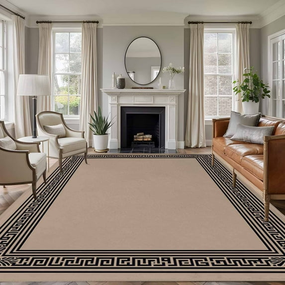 Brown Geometric 5x8 Area Rugs, Black Greek Key Design Abstract Modern Art Non-Skid Rubber Backing Large Rectangle Rugs - Living Room Bedroom Home Office, Indoor Floor Mat Carpets Washable Rug