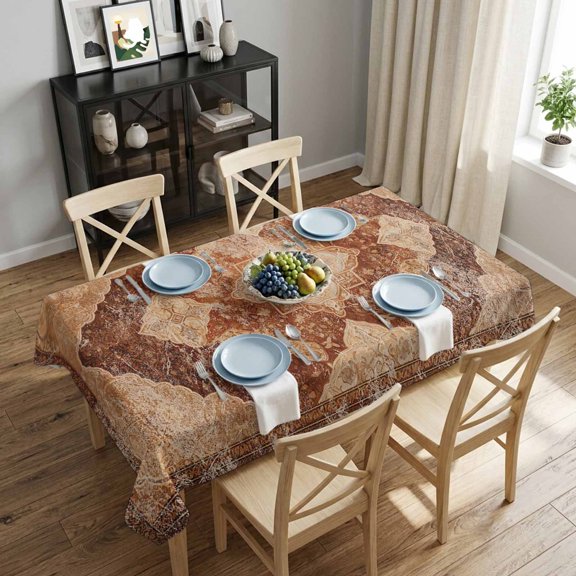 Brown Geometric Abstract Rectangle Tablecloth 52x70 Inch Ethnic Style Turkish Texture Waterproof Tablecloth for Dining Table, Washable Table Cover for Kitchen Dining Room Decoration,Stain Resistant