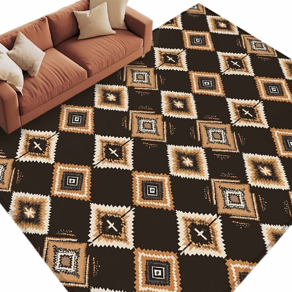 Brown Geometric Area Rug 5x7ft Retro National Style Non-Slip Washable Square Rugs Soft Felt Indoor Floor Mat for Bedroom Kitchen Living Room Bathroom