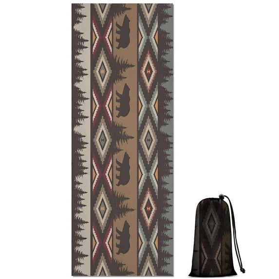 Brown Geometric and Bear Pattern Hot Yoga Mat Towel Non Slip for Hot Yoga - Quick-Drying Yoga Mat Cover with 4 Corner Pockets with Travel Bag - Hot Yoga Towel Non Slip 70"x26"