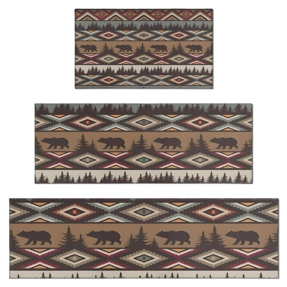 Brown Geometric and Bear Pattern Kitchen Rugs Sets Of 3,Kitchen Runner Rugs Non Skid Washable,Decorative Kitchen Floor Mats for Kitchen,Sink,Laundry,17"x30"+ 17"x47" + 17"x59"