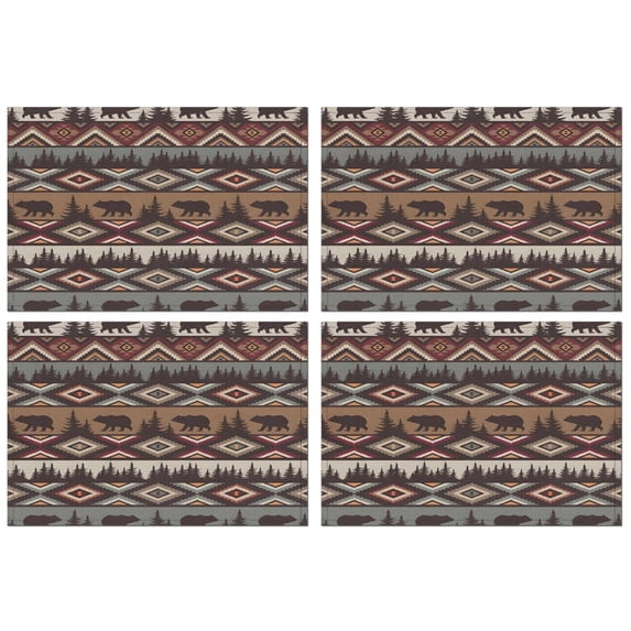 Brown Geometric and Bear Pattern Summer Placemats Table Placemats Set Of 4-Linen Kitchen Washable Placemats Table Mats 11.8"x17.7" Non-Slip Heat Resistant