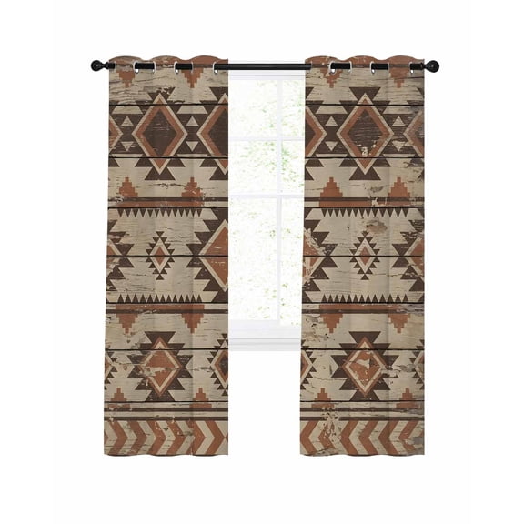 Brown Geometric Blackout Curtains for Bedroom Living Room, Southwestern Motifs Tribal Ethnic Rustic Wood Grain 45 In Long Thermal Insulated Room Darkening Drapes Grommet Window Treatments, 52 x 45 In