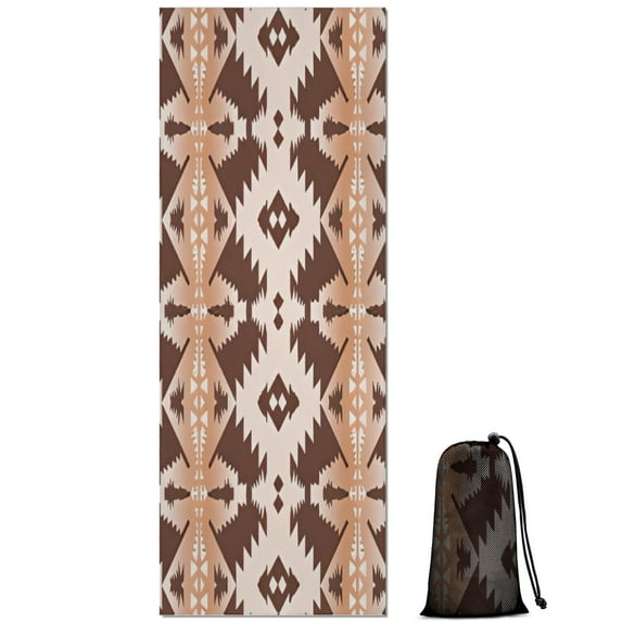 Brown Geometric Boho Pattern Hot Yoga Mat Towel Non Slip for Hot Yoga - Quick-Drying Yoga Mat Cover with 4 Corner Pockets with Travel Bag - Hot Yoga Towel Non Slip Grip Moisture Wicking Sweat 70"x26"