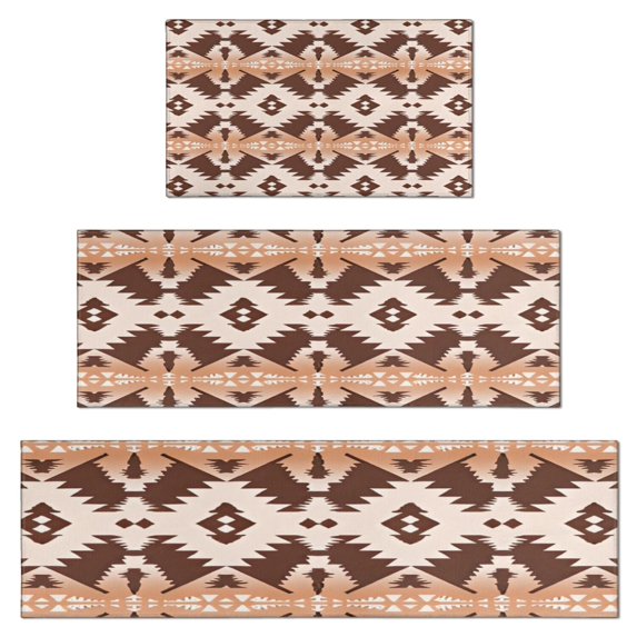 Brown Geometric Boho Pattern Kitchen Rugs Sets Of 3,Kitchen Runner Rugs Non Skid Washable,Decorative Kitchen Floor Mats for Kitchen,Sink,Laundry,17"x30"+ 17"x47" + 17"x59"