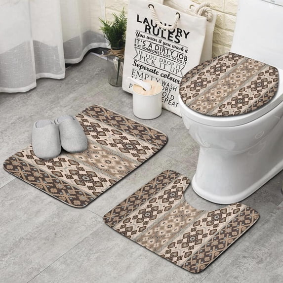 Brown Geometric Diamond Heart Pattern Bathroom Rugs Sets 3 Piece,Toilet Cover Set,Absorbent Non Slip Bathroom Mats Sets with U-Shaped Contour Rug Toilet Rug Set