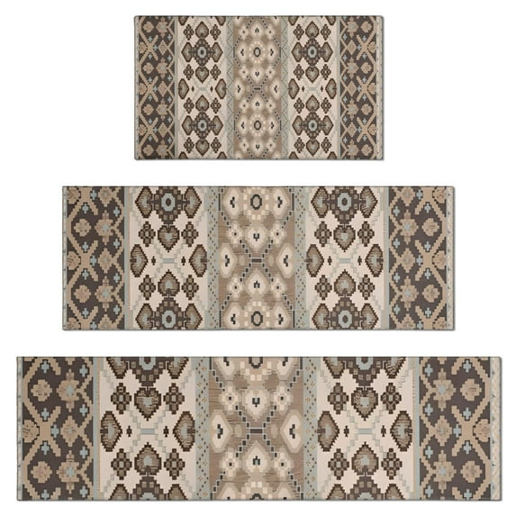 Brown Geometric Diamond Heart Pattern Kitchen Rugs Sets Of 3,Kitchen Runner Rugs Non Skid Washable,Decorative Kitchen Floor Mats for Kitchen,Sink,Laundry,17"x30"+ 17"x47" + 17"x59"