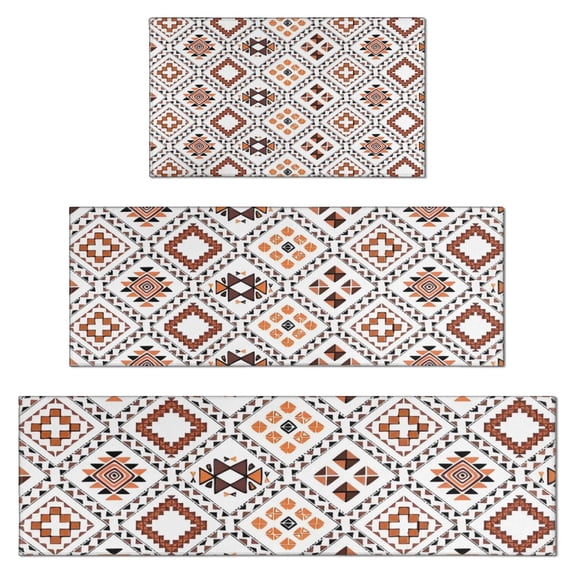 Brown Geometric Diamond Pattern Kitchen Rugs Sets Of 3,Kitchen Runner Rugs Non Skid Washable,Decorative Kitchen Floor Mats for Kitchen,Sink,Laundry,17"x30"+ 17"x47" + 17"x59"