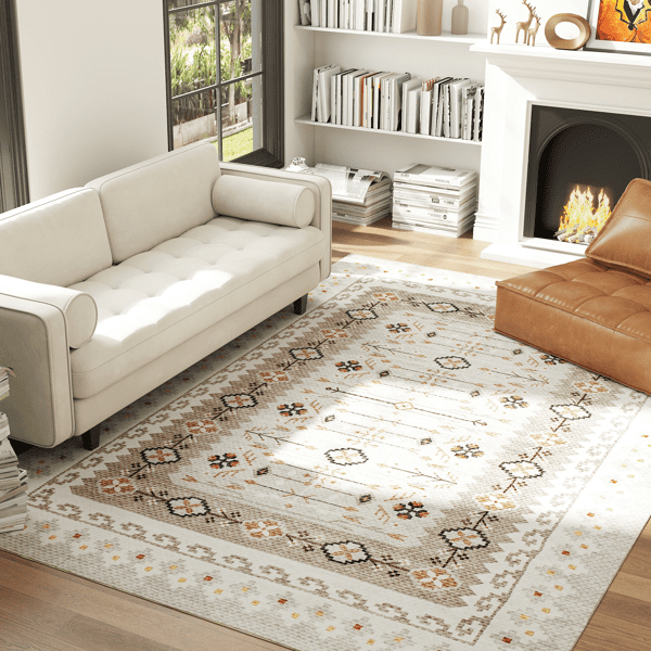 Brown Geometric & Floral Pattern Area Rug 120.1"x96.1" Flannel Soft Non-Slip TPR Backing Machine Washable Rug for Living Room Bedroom