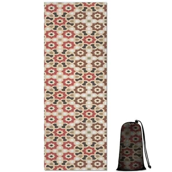 Brown Geometric Flower Diamond Pattern Hot Yoga Mat Towel Non Slip for Hot Yoga - Quick-Drying Yoga Mat Cover with 4 Corner Pockets with Travel Bag - Hot Yoga Towel Non Slip 70"x26"