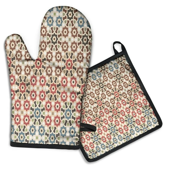 Brown Geometric Flower Diamond Pattern Kitchen Oven Mitt and Pot Holder Sets 2 Pcs for Baking, Cooking and Grilling, Heat Resistant Up To 392 °F