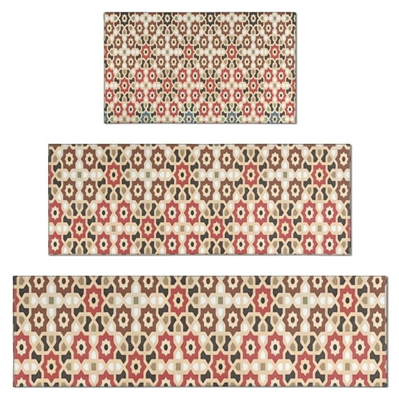 Brown Geometric Flower Diamond Pattern Kitchen Rugs Sets Of 3,Kitchen Runner Rugs Non Skid Washable,Decorative Kitchen Floor Mats for Kitchen,Sink,Laundry,17"x30"+ 17"x47" + 17"x59"