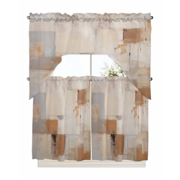 Brown Geometric Kitchen Curtain and Valance Set 3 Pieces, Rod Pocket Short Tier Curtains 36 Inch Length, Modern Oil Painting Abstract Swag Topper Small Window Treatment for Cafe Bathroom Bedroom