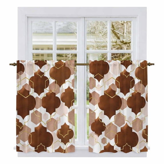 Brown Geometric Moroccan Kitchen Curtains 54 Inch Length, Abstract Coffee Ombre Modern Tiers Curtains for Bathroom Bedroom Cafe, Light Filtering Small Window Treatment Short Drapes 2 Panels 42"Wx54"L
