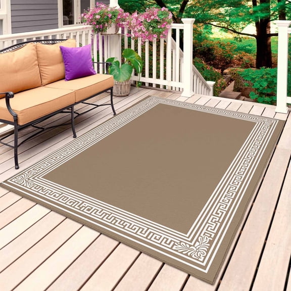 Brown Geometric Outdoor Rug 3x5 Ft, Non Slip Washable Area Rug, Vintage Greece Key Patio Rugs Carpet Runner, Large Floor Mat for Indoor/Outdoor Deck Porch Camping