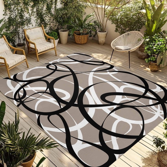 Brown Geometric Outdoor Rug 3x5 Ft - Reversible Patio Rug Outdoor Camping Rugs, Vintage Black White Striped Abstract Art Indoor Outdoor Area Rugs, Non-Slip Outdoor Carpet Runner for Deck/Porch