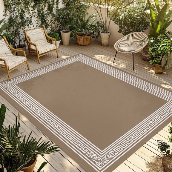 Brown Geometric Outdoor Rug 3x5 Ft - Reversible Patio Rug Outdoor Camping Rugs, Vintage Greece Key Washable Indoor Outdoor Area Rugs, Non-Slip Outdoor Carpet Runner for Deck/Porch