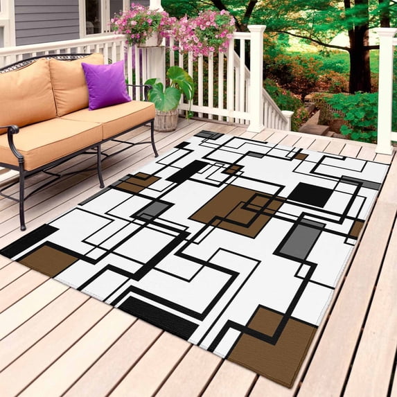 Brown Geometric Outdoor Rug 4x6 Ft, Non Slip Washable Area Rug, Black Grey Abstract Striped Modern Art Patio Rugs Carpet Runner, Large Floor Mat for Indoor/Outdoor Deck Porch Camping