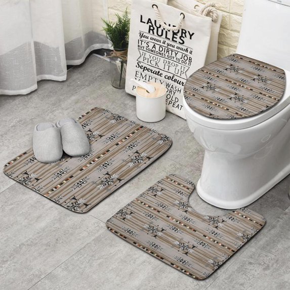 Brown Geometric Pattern with Arrows and Bulls Bathroom Rugs Sets 3 Piece,Toilet Cover Set,Absorbent Non Slip Bathroom Mats Sets with U-Shaped Contour Rug Toilet Rug Set