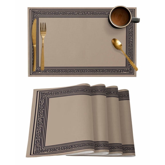 Brown Geometric Placemats Set of 4, Black Greek Key Design Abstract Modern Art Placemats for Dining Table, Place Mats for Kitchen Tabletop, Waterproof Wipeable Dining Table Mats Set