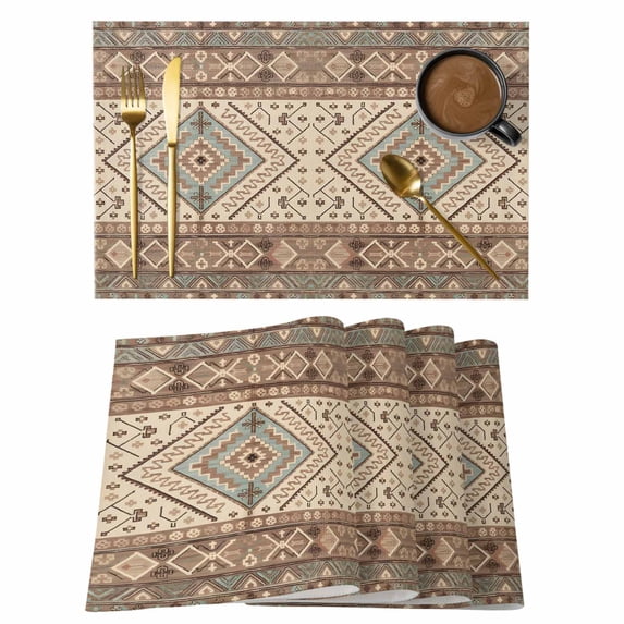 Brown Geometric Placemats Set of 6 Modern Ethnic Southwest Vintage Place Mats Indoor Wipeable Table Mats Washable Cloth Dining Table Placemats for Kitchen Holiday Party Home Decor 13x19 Inch
