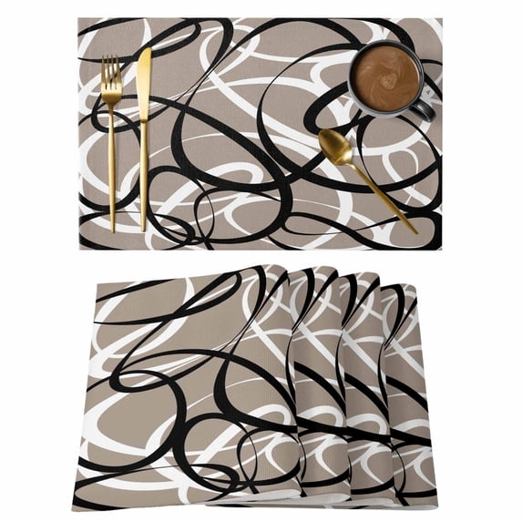 Brown Geometric Placemats Set of 8, Vintage Black White Striped Abstract Art Placemats for Dining Table, Place Mats for Kitchen Tabletop, Waterproof Wipeable Dining Table Mats Set