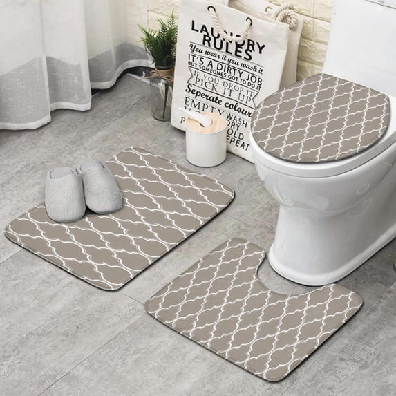 Brown Geometric Quatrefoil Pattern Bathroom Rugs Sets 3 Piece,Toilet Cover Set,Absorbent Non Slip Bathroom Mats Sets with U-Shaped Contour Rug Toilet Rug Set