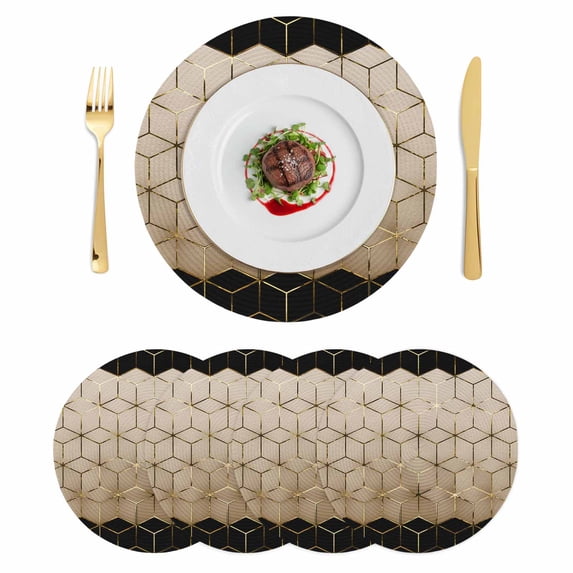 Brown Geometric Round 13 Inch Placemats Set of 4, Modern Abstract Art Ombre HeatResistant Non Slip Place Mats for Dining Table, Wipeable Braided Kitchen Table Mats for Housewarming