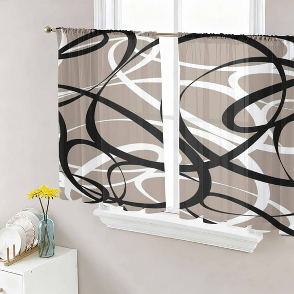 Brown Geometric Semi Sheer Curtains 45 Inch Length 2 Panels Set, Vintage Black White Striped Abstract Art Sheer Kitchen Curtain Privacy Voile Window Curtain for Living Room Bedroom Rod Pocket Drapes