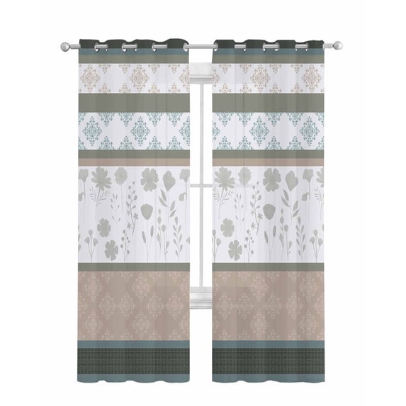 Brown Geometric Sheer Curtains 84 Inch Length 2 Panels Set for Living Room/Bedroom, Stripes Boho Spring Flowers Pastoral Country Kitchen Curtains Grommet Curtains Window Treatments 52"x84"x2