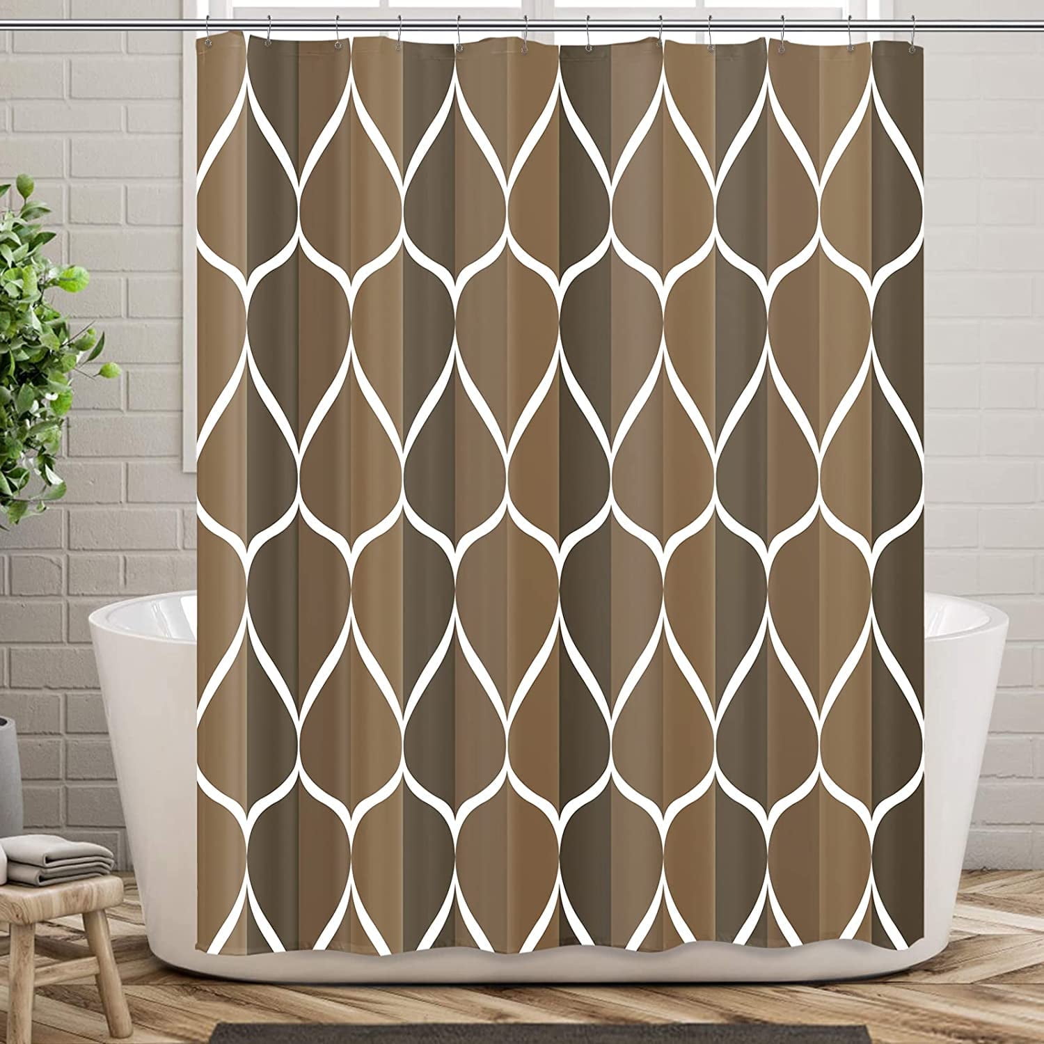 Brown Geometric Shower Curtain, Waterproof Design and Polyester, Quick-Drying, Weighted Hem, Brown Fabric Shower Curtains Set for Bathroom W 72 x H 72, Durable and Washable with 12 Hooks