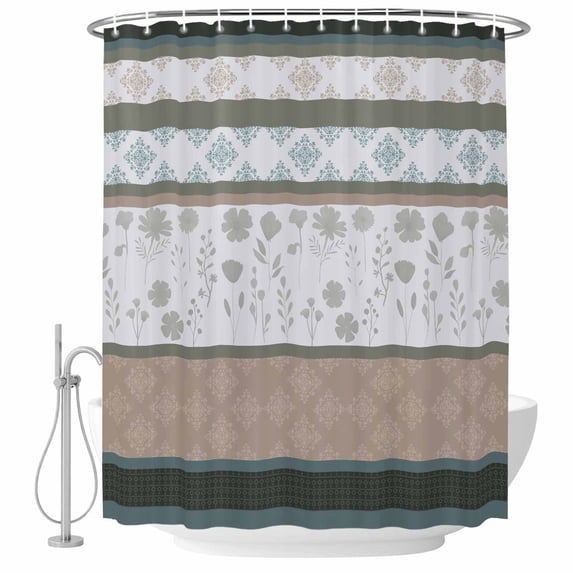 Brown Geometric Shower Curtain, Waterproof Shower Curtains for Bathroom, Stripes Boho Spring Flowers Pastoral Country Washable Fabric Bathtub Curtain Set Bath Decor with 12 Hooks 48"x72"