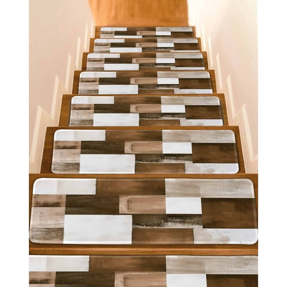 Brown Geometric Stair Treads for Wooden Steps Indoor Runner Rug Carpet, Vintage Oil Painting Contemporary 4 Pieces Peel and Stick Staircase Step Treads Covers Washable Throw Door Mats, 30"x8"